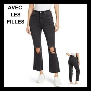 NWT AVEC LES FILLES Black high rise distressed flared crropped jeans